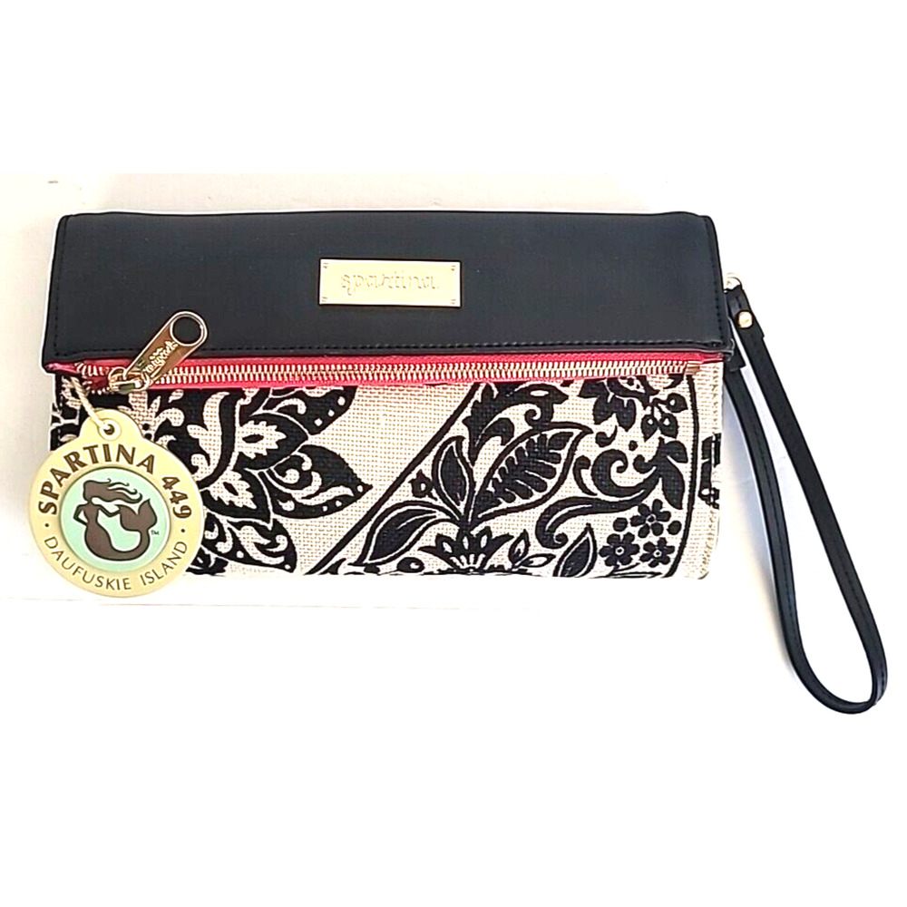 Spartina 449 Strachan Convertible Clutch/ Wristlet Purse Black/ Ivory/ Pink NWT‎